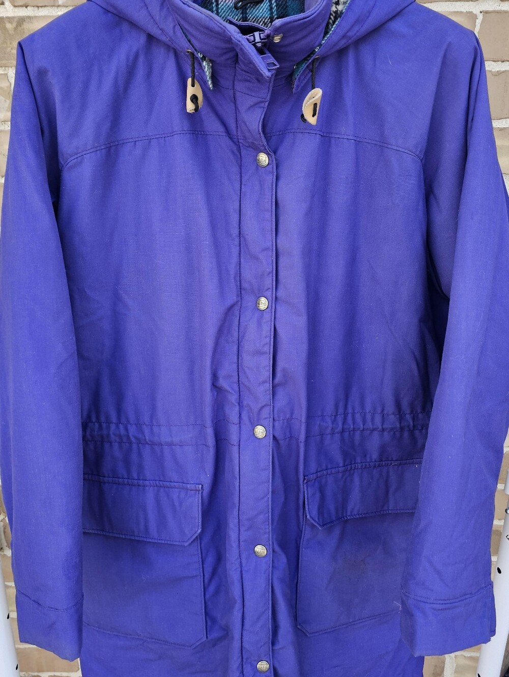 Vintage LL Bean Parka Jacket XL Purple Wool Plaid Lined Hooded Made In USA